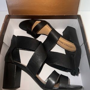 Black Leather Covered Block Heel Sandal